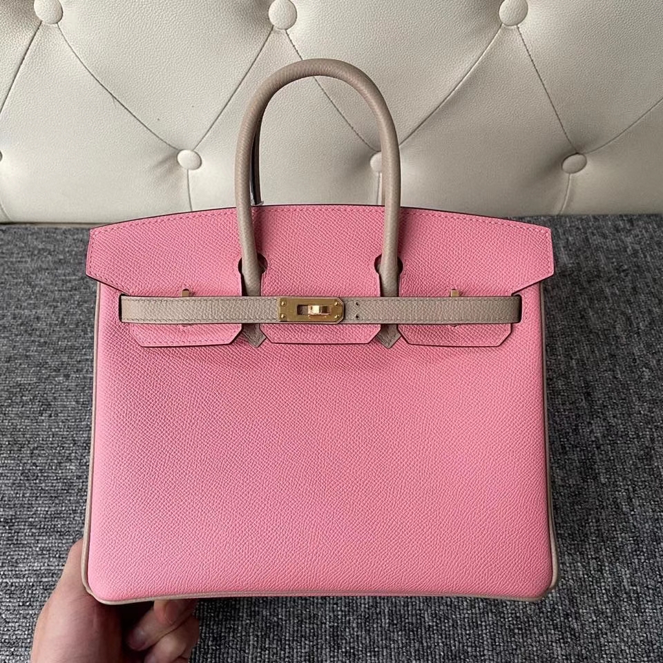 Hermès（爱马仕）Birkin 25cm 原厂掌纹皮 Epsom 1Ｑ奶昔粉 拼 s2风衣灰 金扣 马蹄印 顶级手缝
