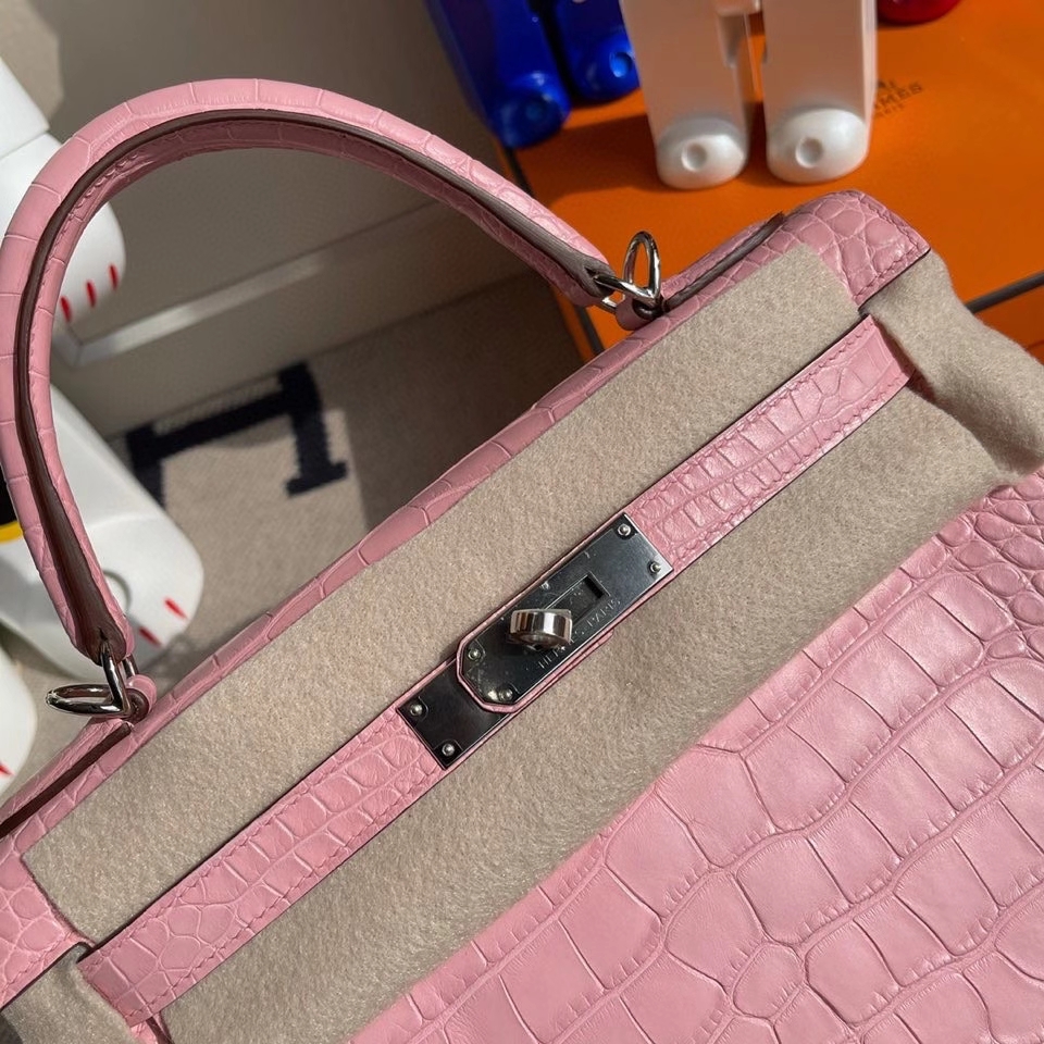 Hermès（爱马仕）Kelly 28cm Alligator matt 雾面鳄鱼 5p 樱花粉 银扣 正品五金 顶级手缝 现货