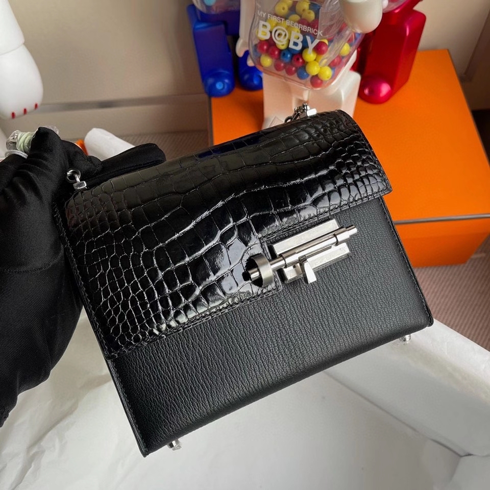 Hermès（爱马仕）Verrou 17cm Chevre 山羊皮拼鳄鱼 黑色 银扣 顶级手缝 定制