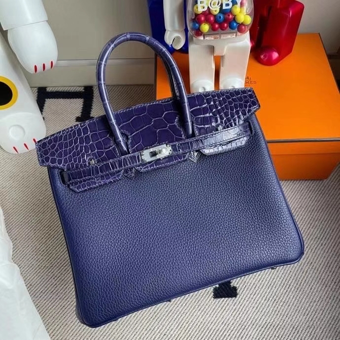 Hermès（爱马仕）Touch 系列 Birkin 25cm M3 墨水蓝拼墨水蓝鳄鱼 银扣 顶级手缝