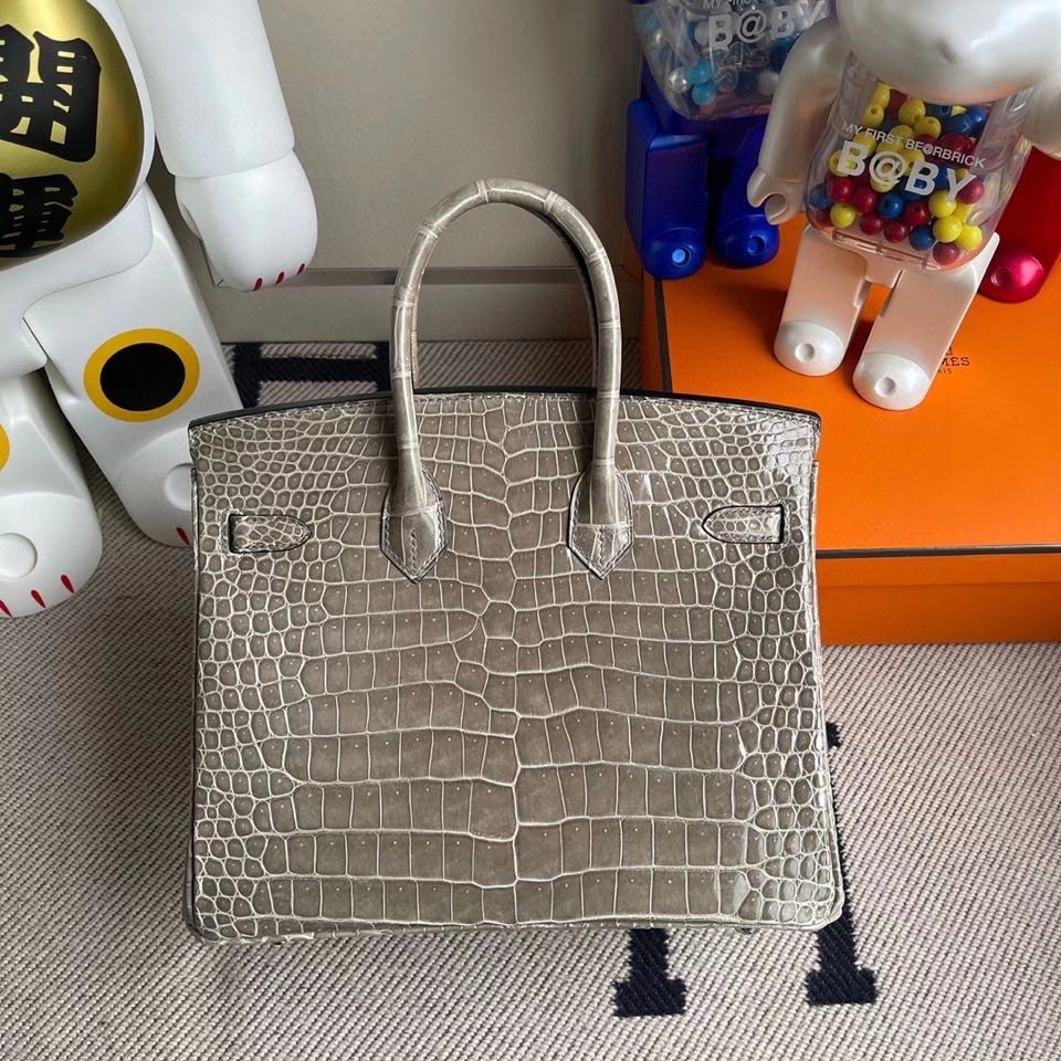 Hermès（爱马仕）Birkin 25cm Porosus shiny 亮面鳄鱼 ck81 斑鸠灰 银扣 顶级手缝