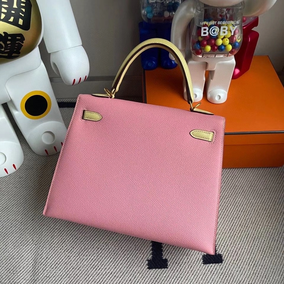 Hermès（爱马仕）Kelly 25cm Epsom 原厂掌纹皮 1Ｑ奶昔粉拼1Z 小鸡黄  拉丝金扣 马蹄印 顶级手缝 现货