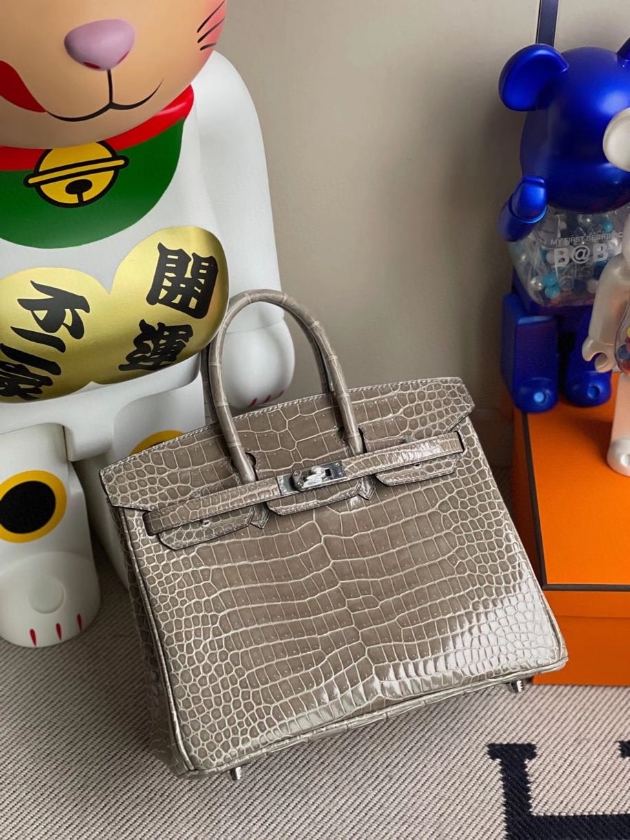 Hermès（爱马仕）Birkin 25cm Porosus shiny 亮面鳄鱼 ck81 斑鸠灰 银扣 顶级手缝