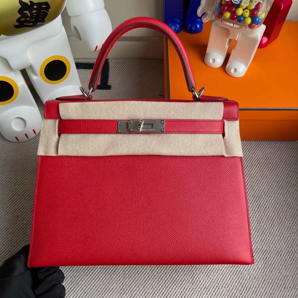Hermès(爱马仕)Kelly 28cm Epsom 原厂掌纹皮 Q5 国旗红 银扣 顶级手缝-拉尔森鳄鱼皮具定制 - 爱马仕包包官网 Hermès(爱马仕)Kelly 28cm Epsom 原厂掌纹皮 Q5 国旗红 银扣 顶级手缝