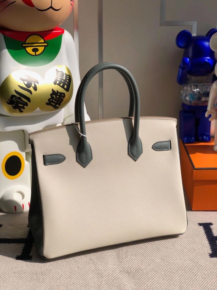 Hermès（爱马仕）Birkin 30cm Epsom 原厂掌纹皮 ck10 奶昔白Craie 拼 cc63 杏绿色 拉丝银扣 马蹄印 顶级手缝