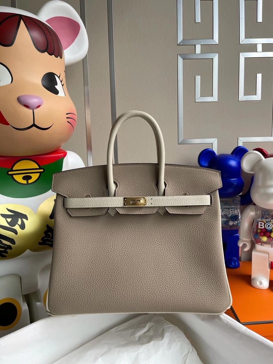 Hermès（爱马仕）Birkin 25cm 原厂小牛皮 togo ck81 斑鸠灰拼ck10 奶昔白 金扣 马蹄印 顶级手缝