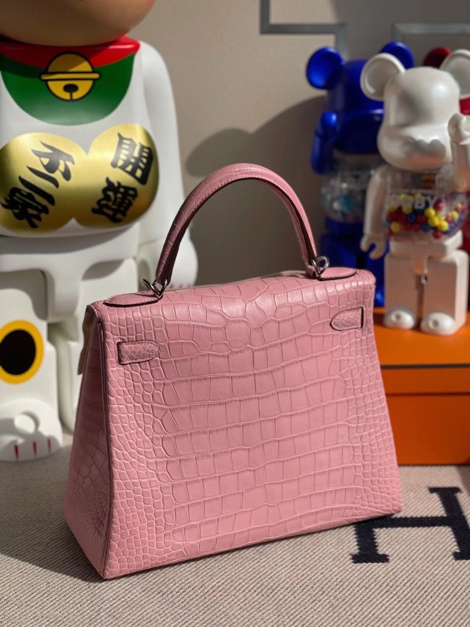 Hermès（爱马仕）Kelly 28cm Alligator matt 雾面鳄鱼 5p 樱花粉 银扣 正品五金 顶级手缝 现货
