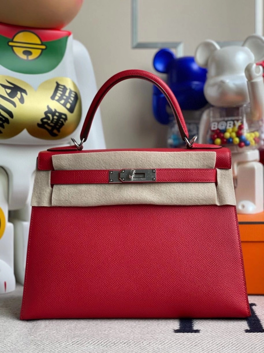 Hermès（爱马仕）Kelly 28cm Epsom 原厂掌纹皮 Q5 国旗红 银扣 顶级手缝
