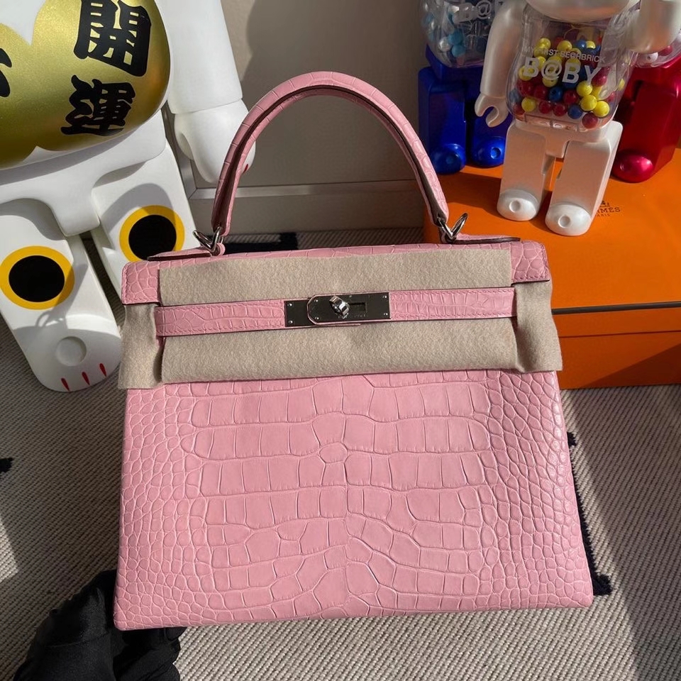 Hermès（爱马仕）Kelly 28cm Alligator matt 雾面鳄鱼 5p 樱花粉 银扣 正品五金 顶级手缝 现货