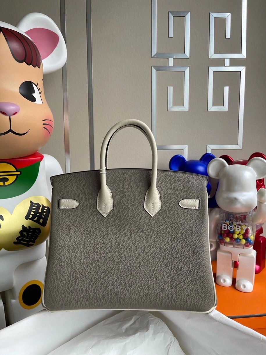 Hermès（爱马仕）Birkin 25cm 原厂小牛皮 togo M8 沥青灰 拼ck10 奶昔白  拉丝金扣 马蹄印 顶级手缝