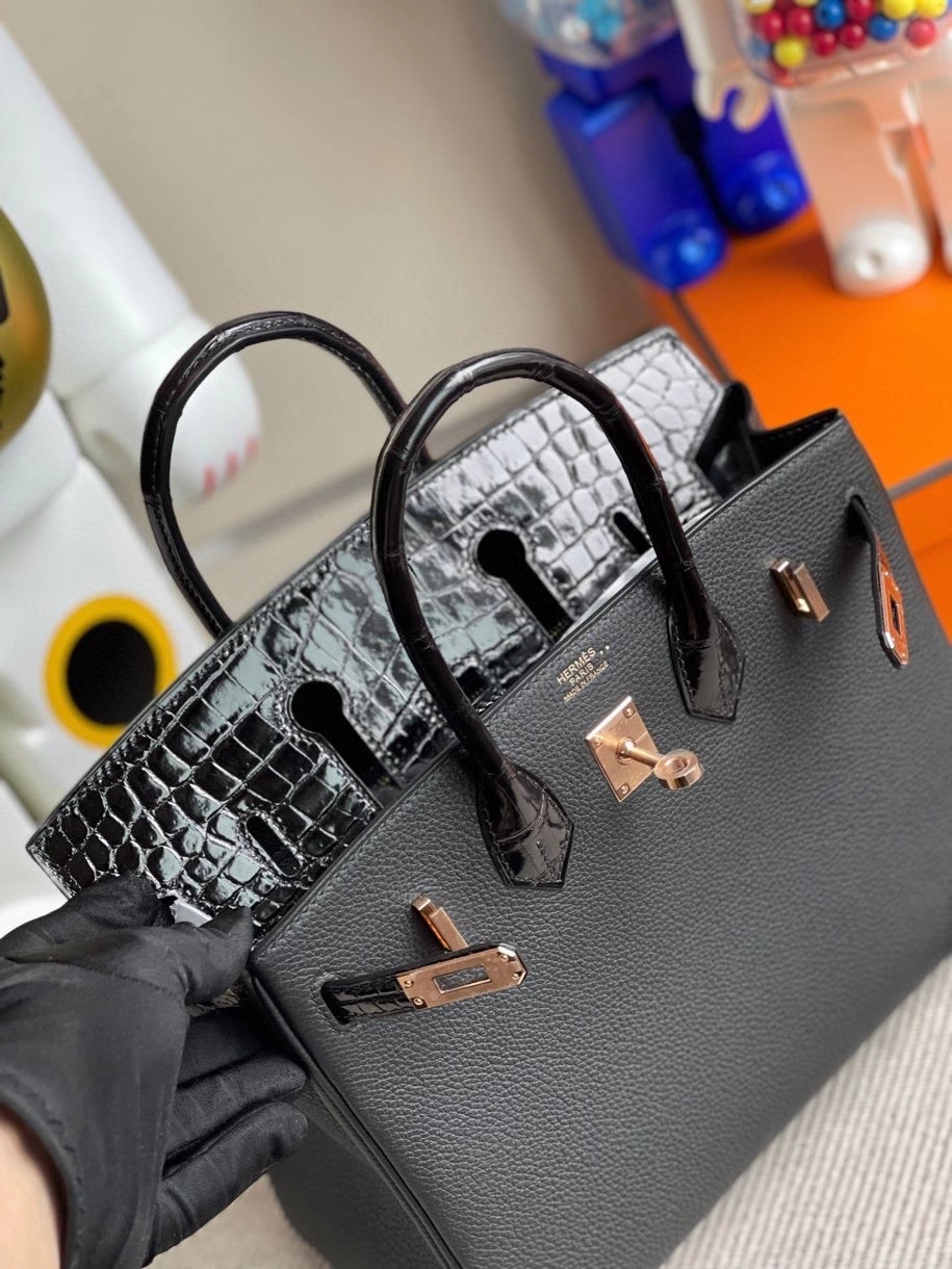 Hermès（爱马仕）Touch系列 Birkin 25cm 黑色 拼亮面鳄鱼 玫瑰金扣 Rose gold