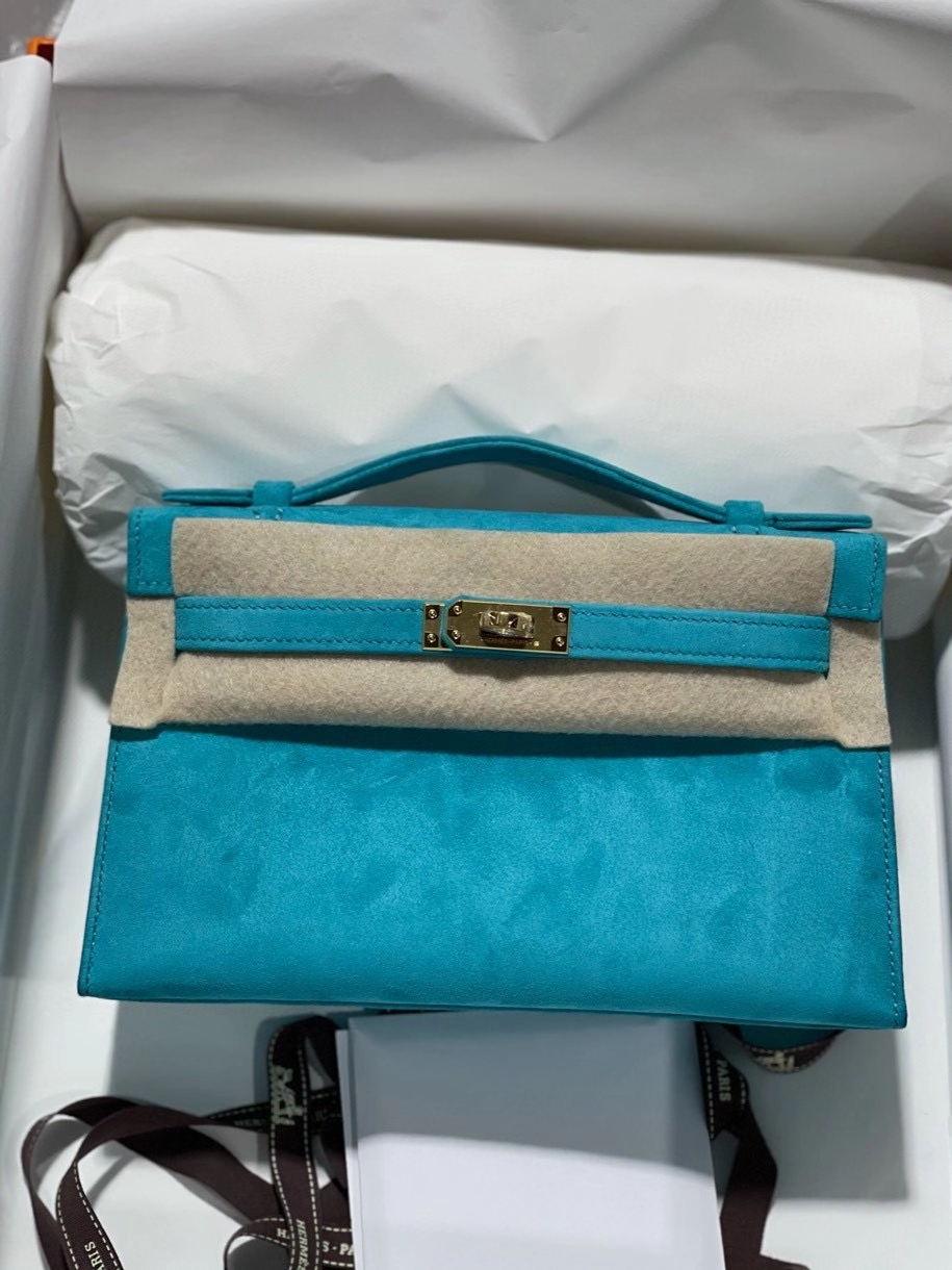 Hermès（爱马仕）mini kelly pochette 22cm 麂皮 孔雀蓝 金扣 顶级手缝 定制