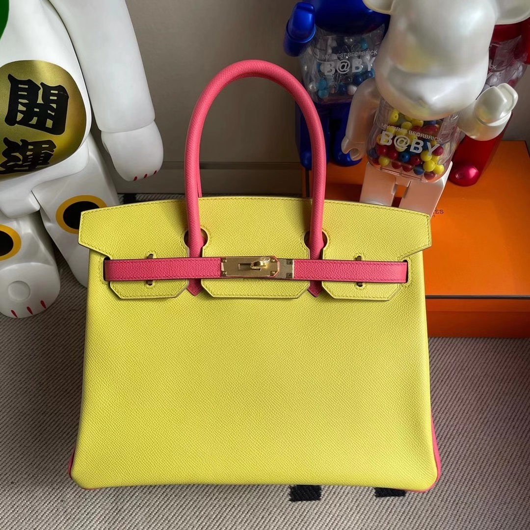 Hermès（爱马仕）Birkin 30cm Epsom 原厂掌纹皮 C9鹅蛋黄拼8W唇膏粉 金扣 马蹄印 顶级手缝