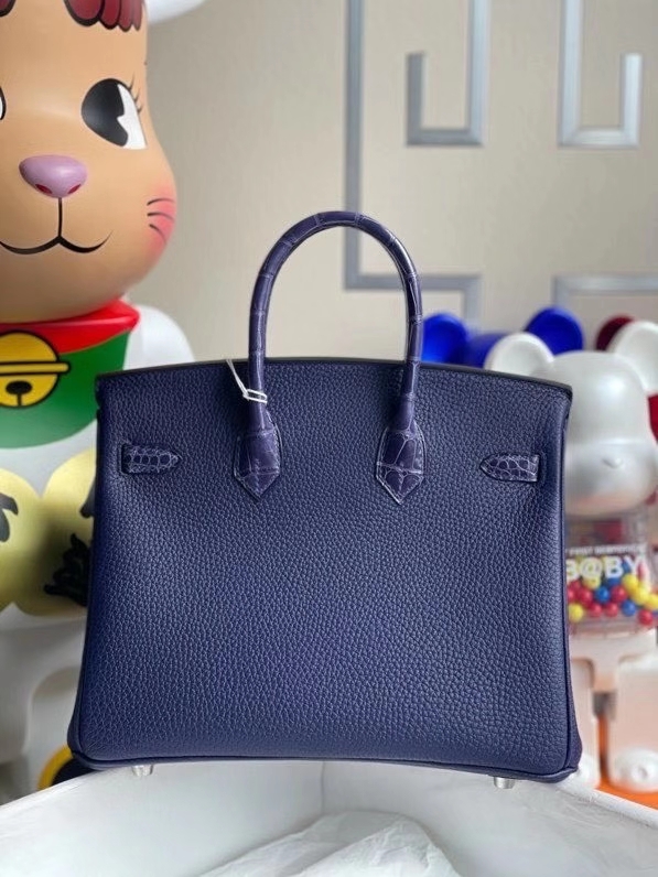 Hermès（爱马仕）Touch 系列 Birkin 25cm M3 墨水蓝拼墨水蓝鳄鱼 银扣 顶级手缝