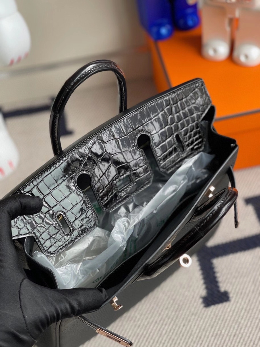 Hermès（爱马仕）Touch系列 Birkin 25cm 黑色 拼亮面鳄鱼 玫瑰金扣 Rose gold