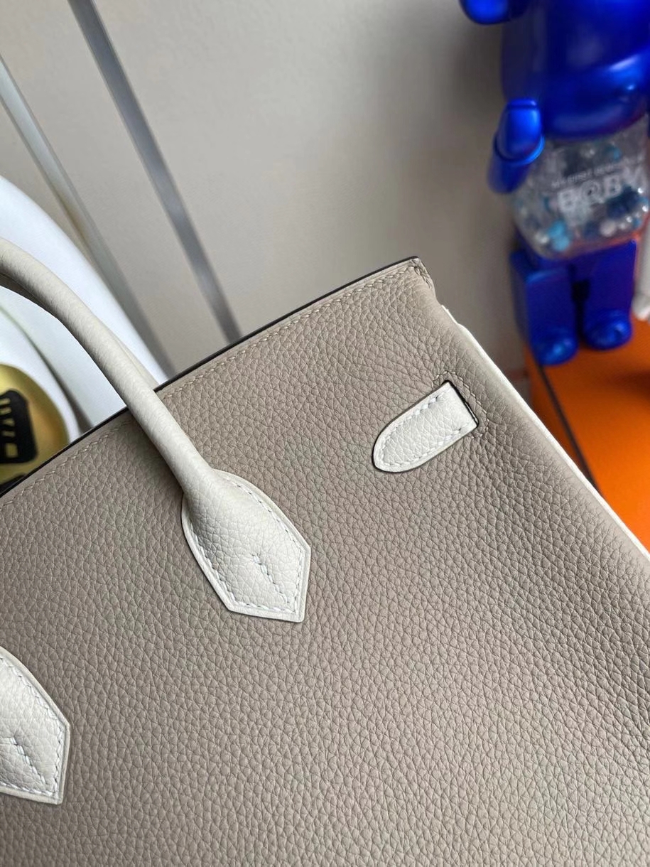 Hermès（爱马仕）Birkin 25cm 原厂小牛皮 togo ck81 斑鸠灰拼ck10 奶昔白 金扣 马蹄印 顶级手缝