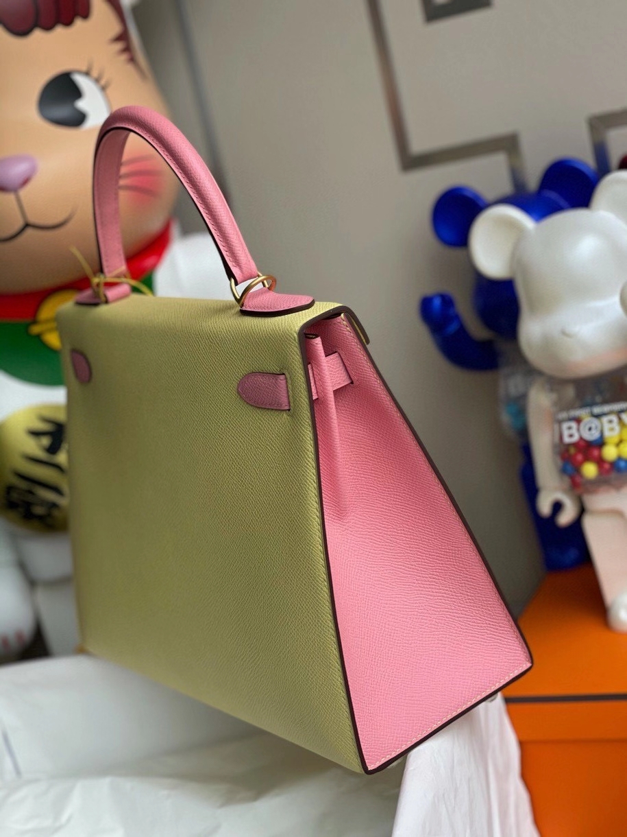 Hermès（爱马仕）kelly 28cm Epsom 原厂掌纹皮 1Z 小鸡黄拼1Ｑ奶昔粉 拉丝金扣 马蹄印 顶级手缝