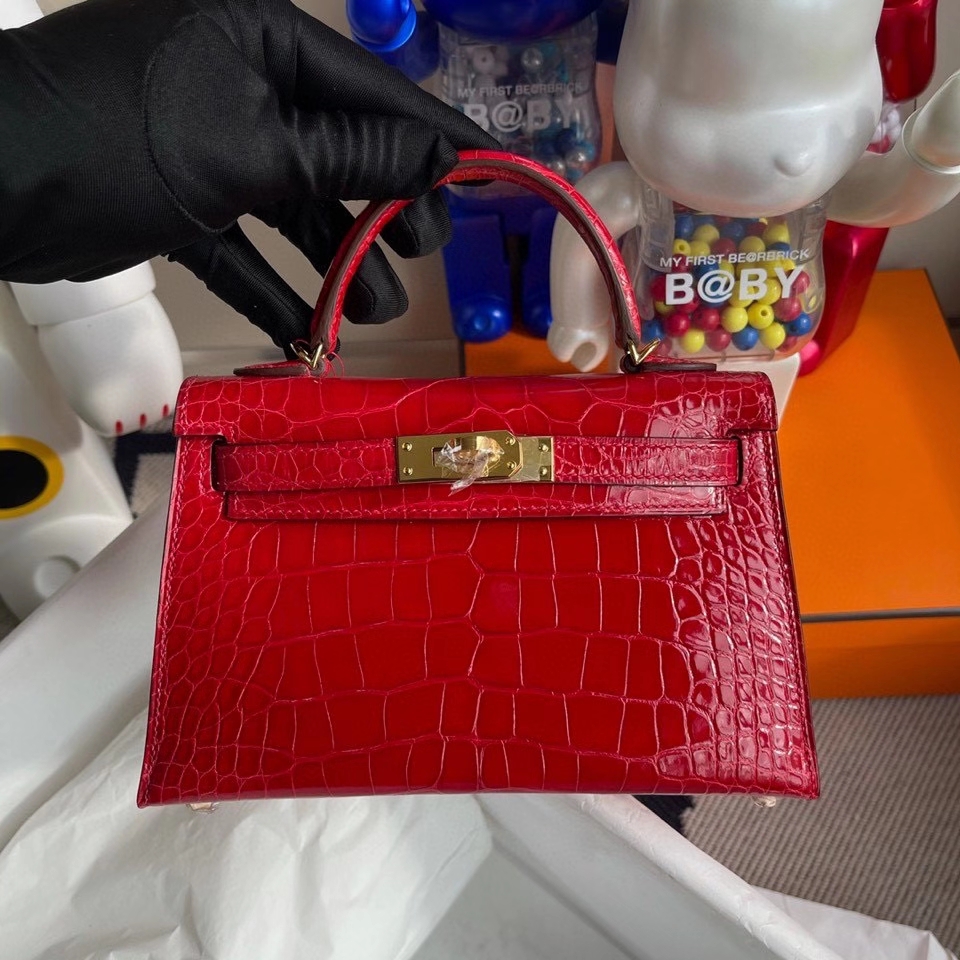 Hermès（爱马仕）Minikelly ll Alligator shiny 亮面鳄鱼 Q5国旗红 金扣 顶级手缝 现货