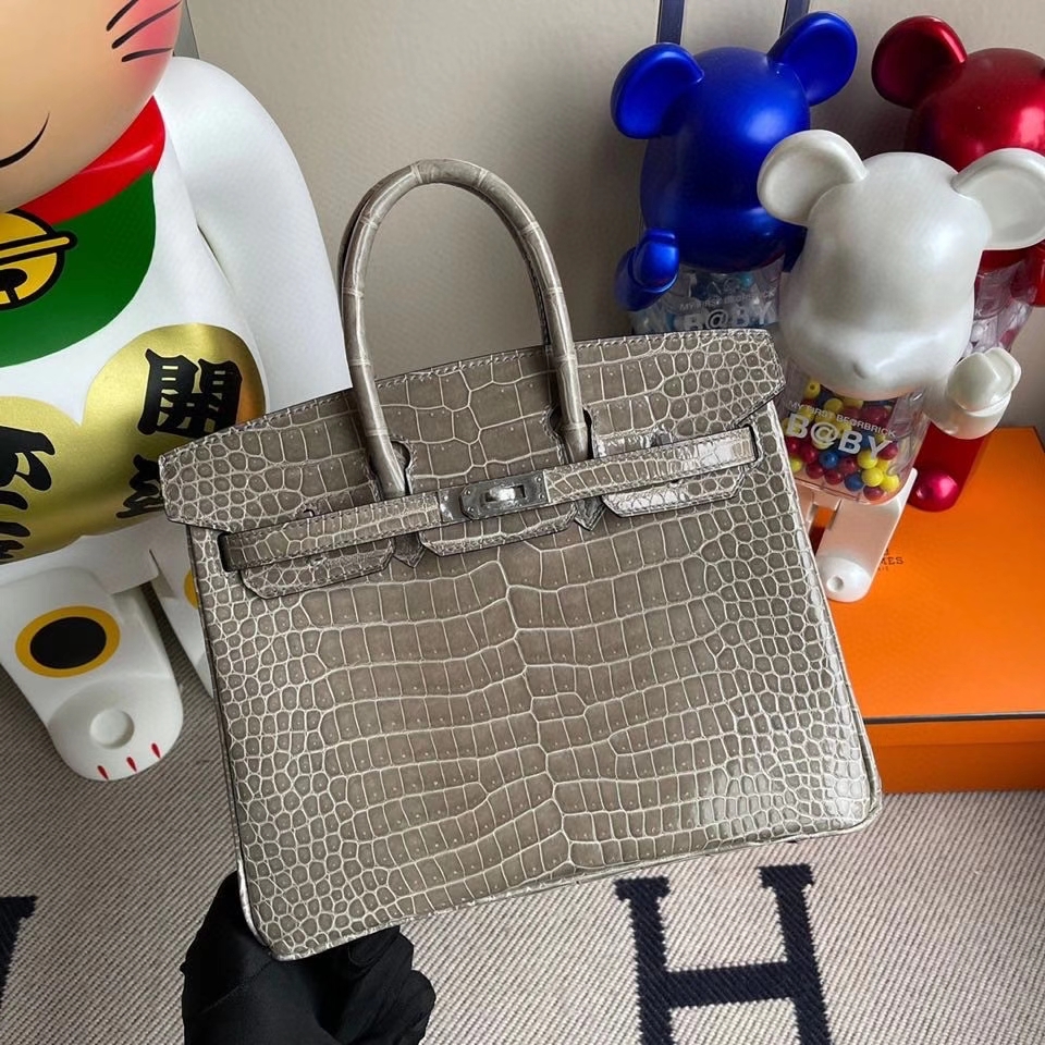Hermès（爱马仕）Birkin 25cm Porosus shiny 亮面鳄鱼 ck81 斑鸠灰 银扣 顶级手缝