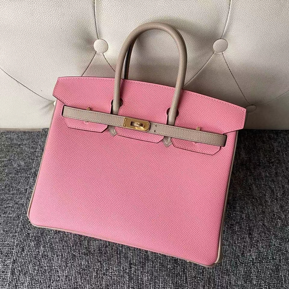 Hermès（爱马仕）Birkin 25cm 原厂掌纹皮 Epsom 1Ｑ奶昔粉 拼 s2风衣灰 金扣 马蹄印 顶级手缝