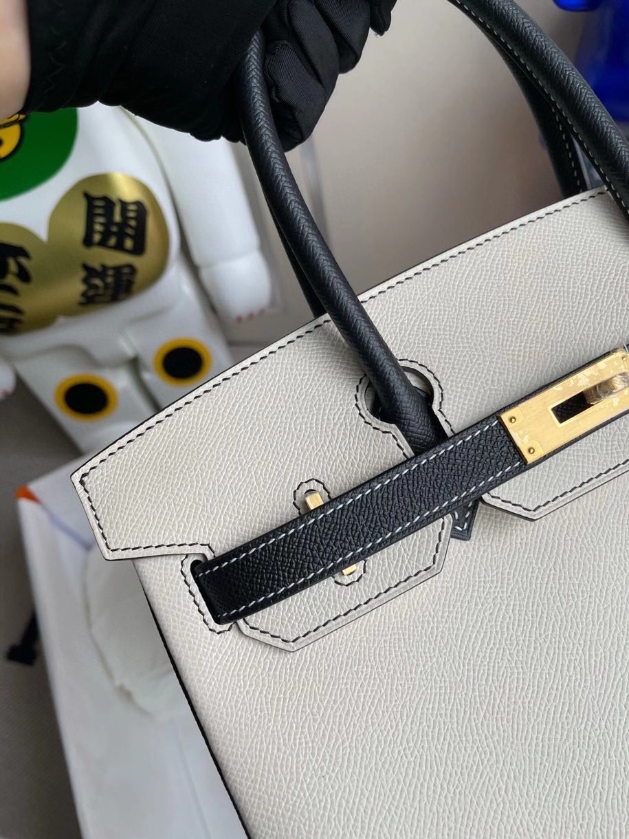 Hermès（爱马仕）Birkin 30cm Epsom 原厂掌纹皮  ck10奶昔白Craie拼 ck89 黑色 Noir 拉丝金扣 马蹄印