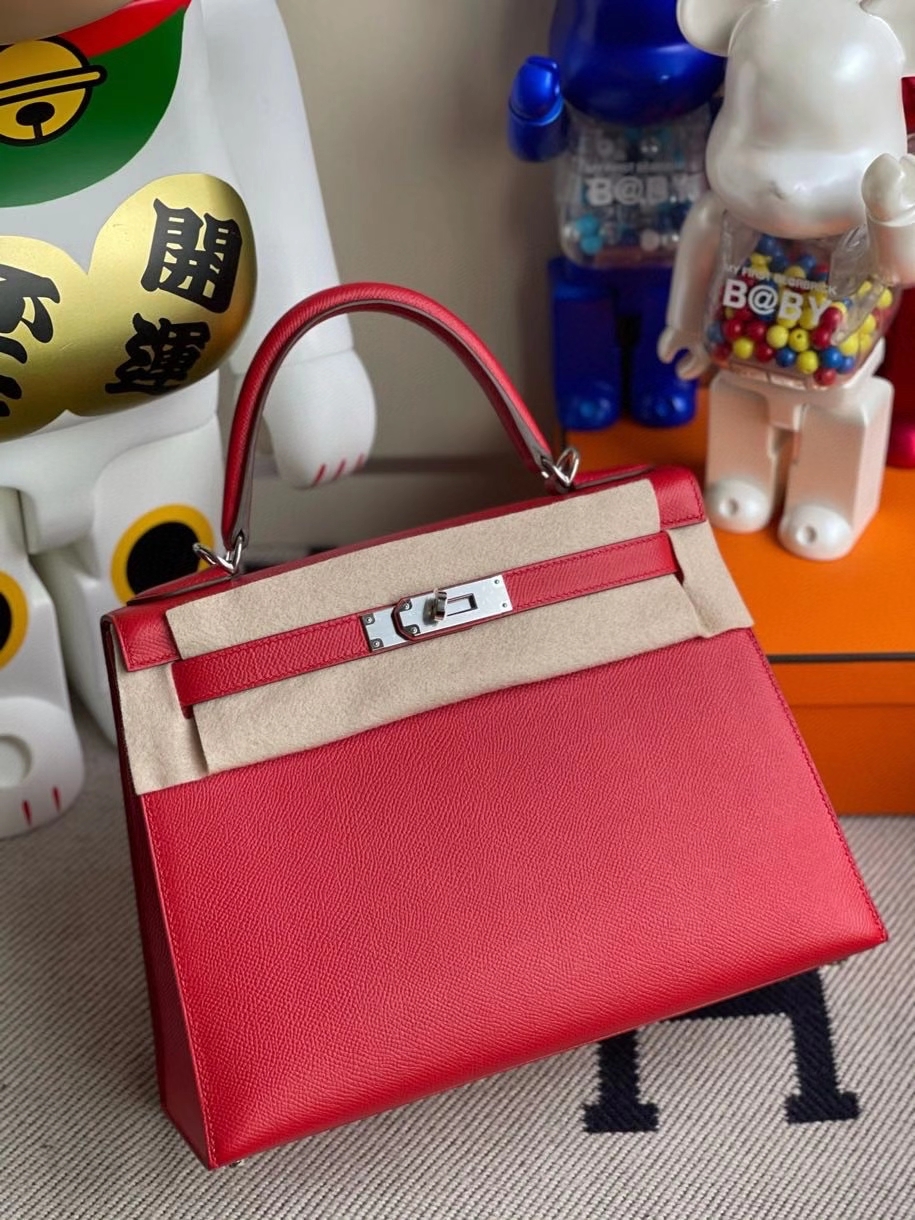 Hermès（爱马仕）Kelly 28cm Epsom 原厂掌纹皮 Q5 国旗红 银扣 顶级手缝