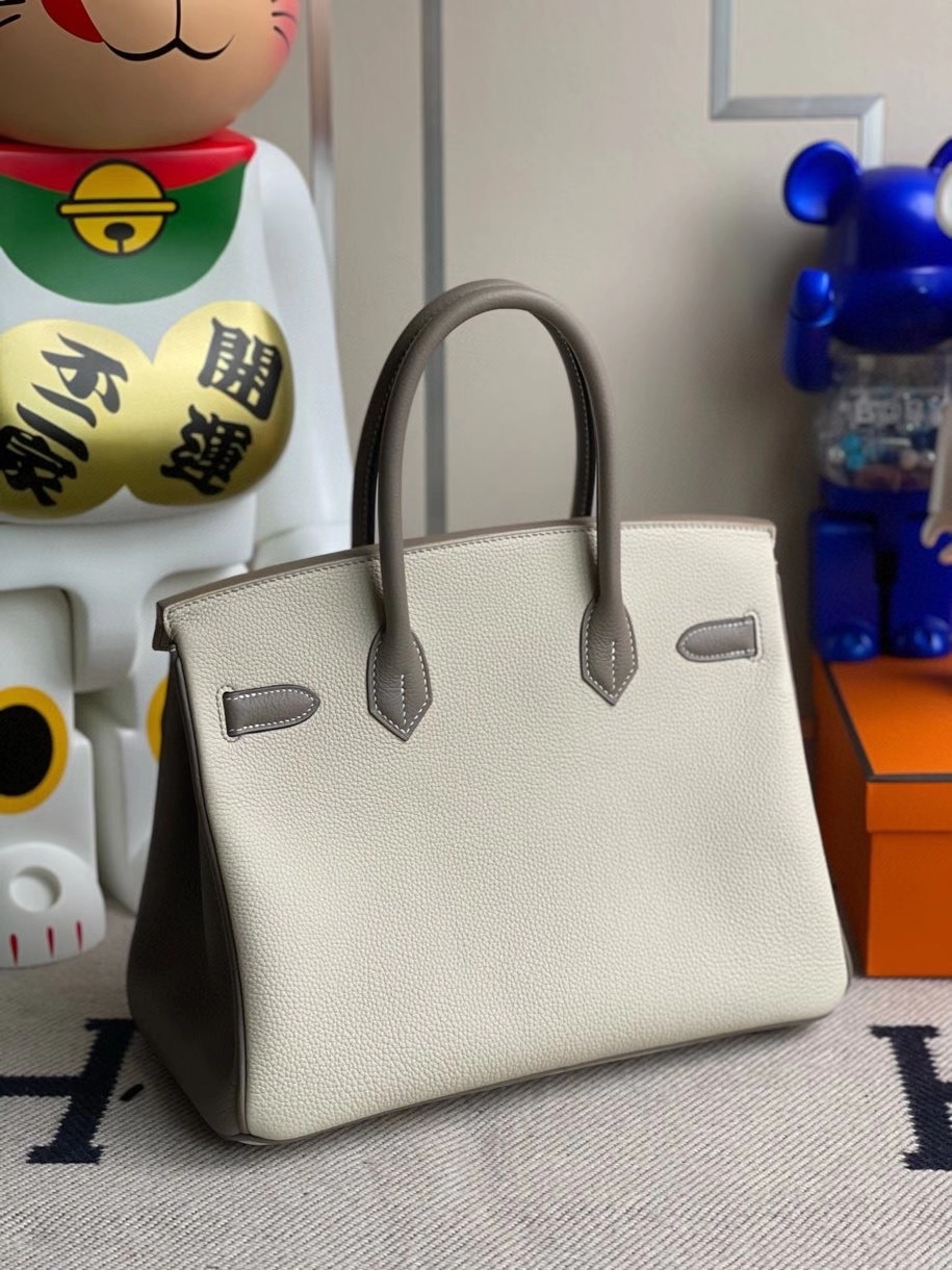 Hermès（爱马仕）Birkin 30cm 原厂小牛皮 ck10 奶昔白拼大象灰 拉丝银扣  马蹄印 顶级手缝