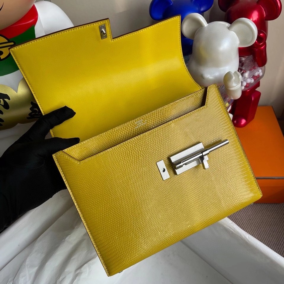 Hermès（爱马仕）Verrou 21cm  Lizard 进口亮面蜥蜴 9R柠檬黄 Lime 银扣 顶级手缝 定制