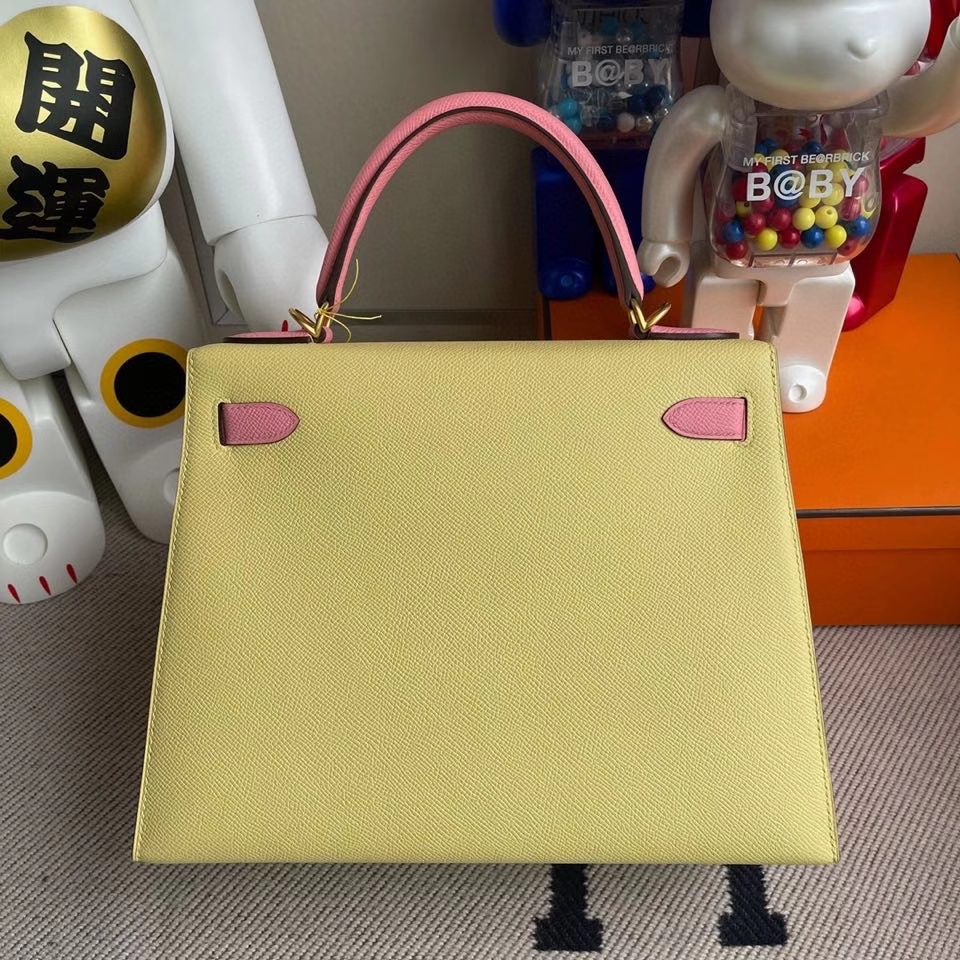 Hermès（爱马仕）kelly 28cm Epsom 原厂掌纹皮 1Z 小鸡黄拼1Ｑ奶昔粉 拉丝金扣 马蹄印 顶级手缝