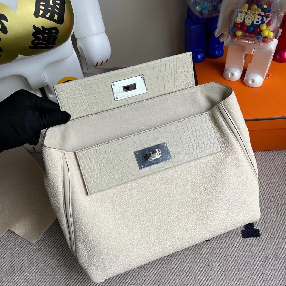 Hermès（爱马仕）2424 29cm ck10 奶昔白拼鳄鱼 银扣 顶级手缝 定制