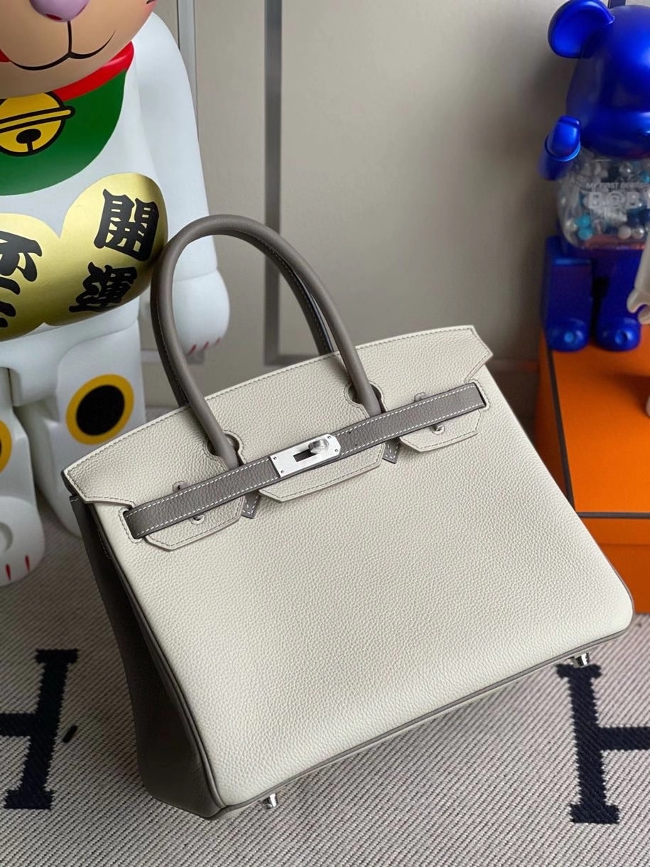 Hermès（爱马仕）Birkin 30cm 原厂小牛皮 ck10 奶昔白拼大象灰 拉丝银扣  马蹄印 顶级手缝