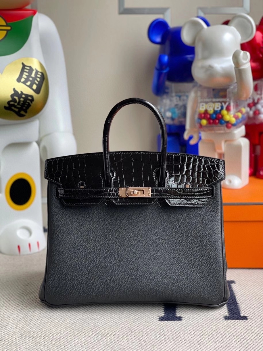 Hermès（爱马仕）Touch系列 Birkin 25cm 黑色 拼亮面鳄鱼 玫瑰金扣 Rose gold