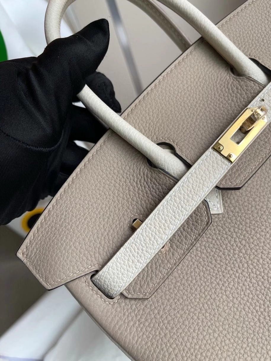 Hermès（爱马仕）Birkin 25cm 原厂小牛皮 togo ck81 斑鸠灰拼ck10 奶昔白 金扣 马蹄印 顶级手缝