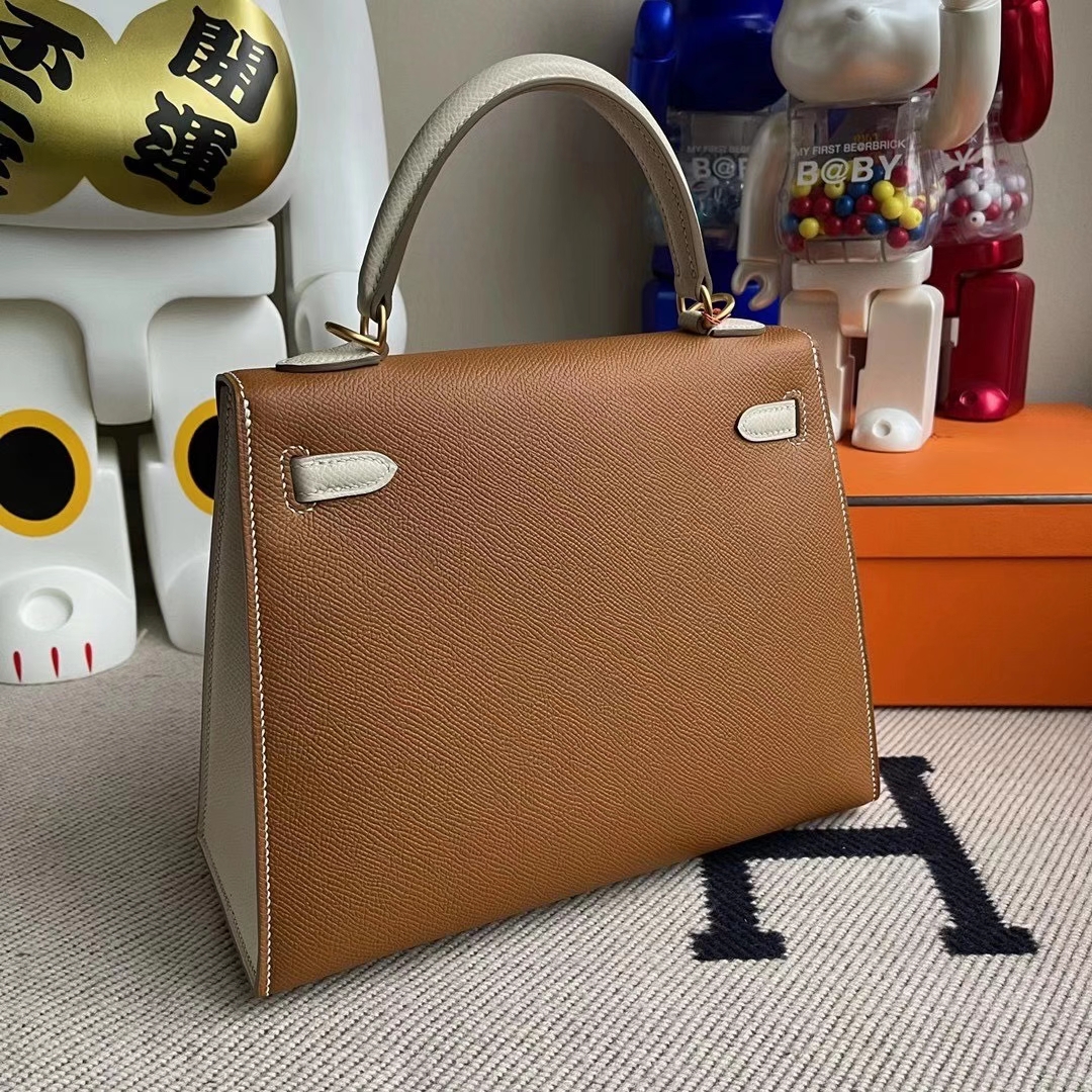 Hermès（爱马仕）Kelly 25cm Hss Epsom Ck37金棕色Ck10奶昔白 顶级工艺 全手工缝制 拉丝金扣