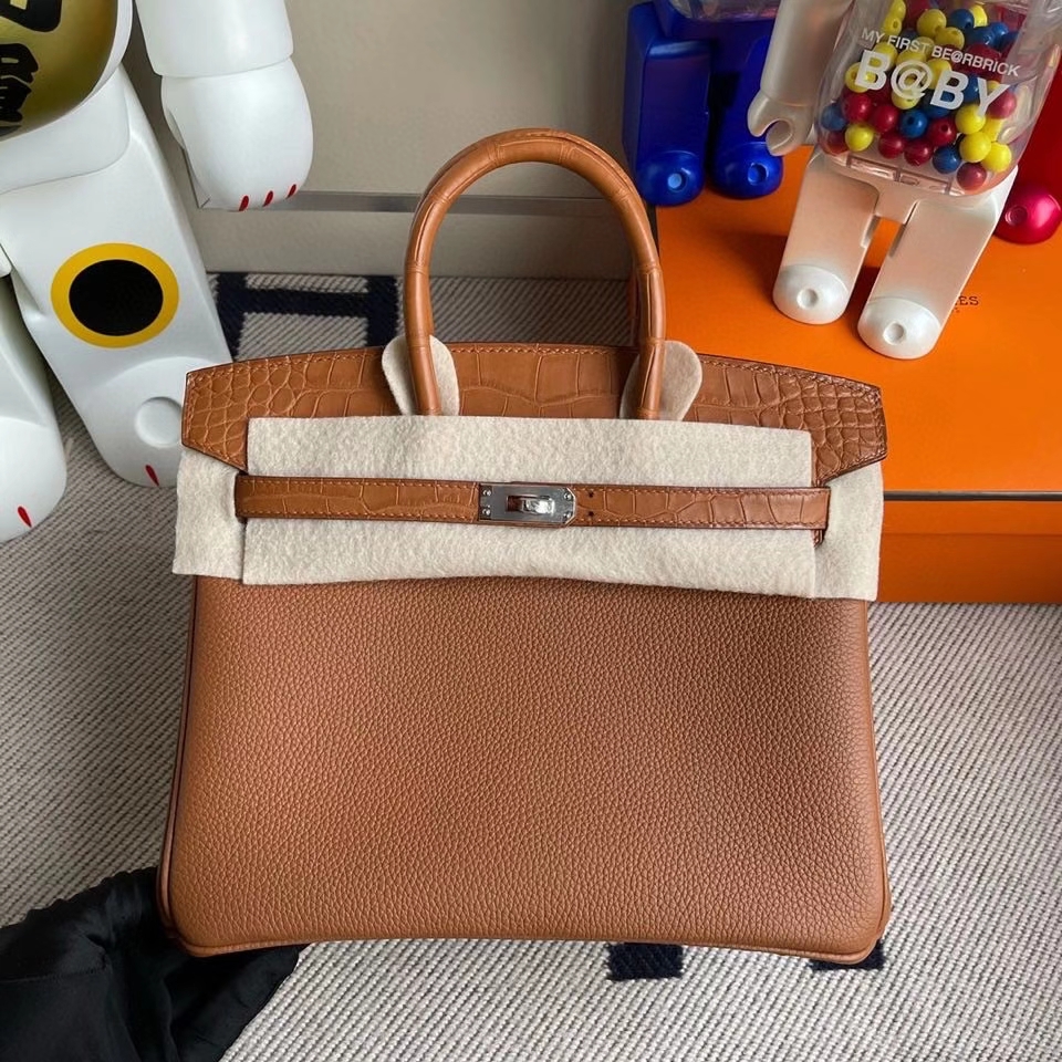 Hermès（爱马仕）Touch系列 Birkin 25cm ck37金棕色 gold 拼雾面方块鳄鱼棕色 银扣 顶级手缝  定制
