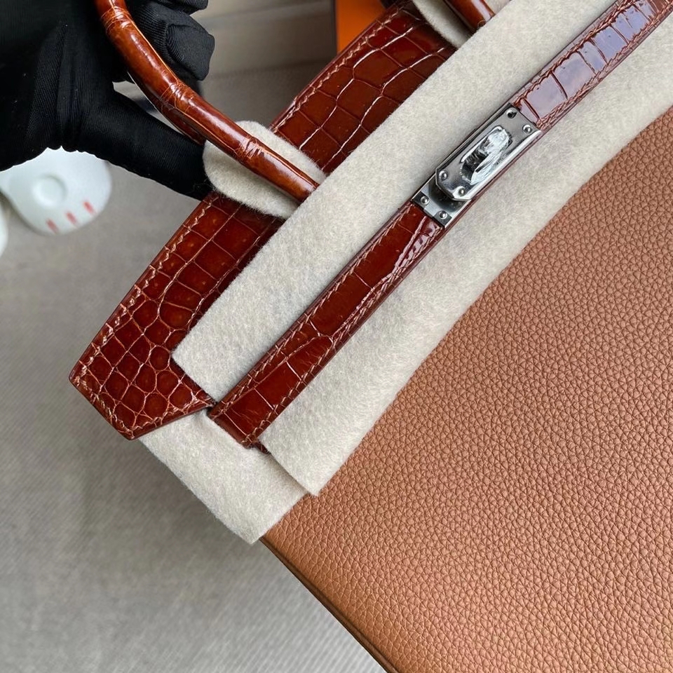 Hermès（爱马仕）Touch系列 Birkin 25cm ck37金棕色 gold 拼亮面鳄鱼蜜糖棕 银扣 顶级手缝  定制