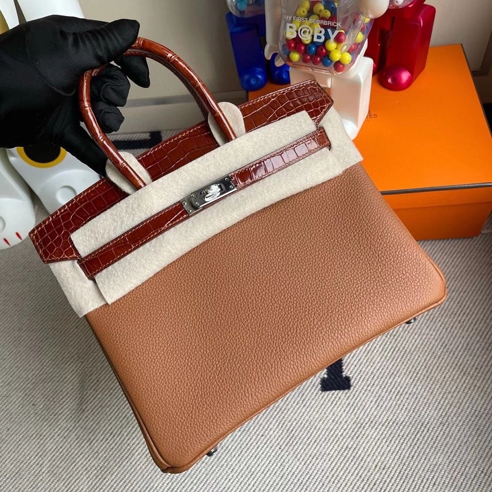 Hermès（爱马仕）Touch系列 Birkin 25cm ck37金棕色 gold 拼亮面鳄鱼蜜糖棕 银扣 顶级手缝  定制