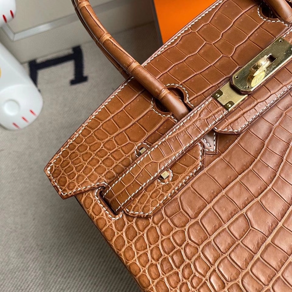 Hermès（爱马仕）Birkin 30cm Porosus matt 雾面鳄鱼 棕色 金扣 顶级手缝 定制