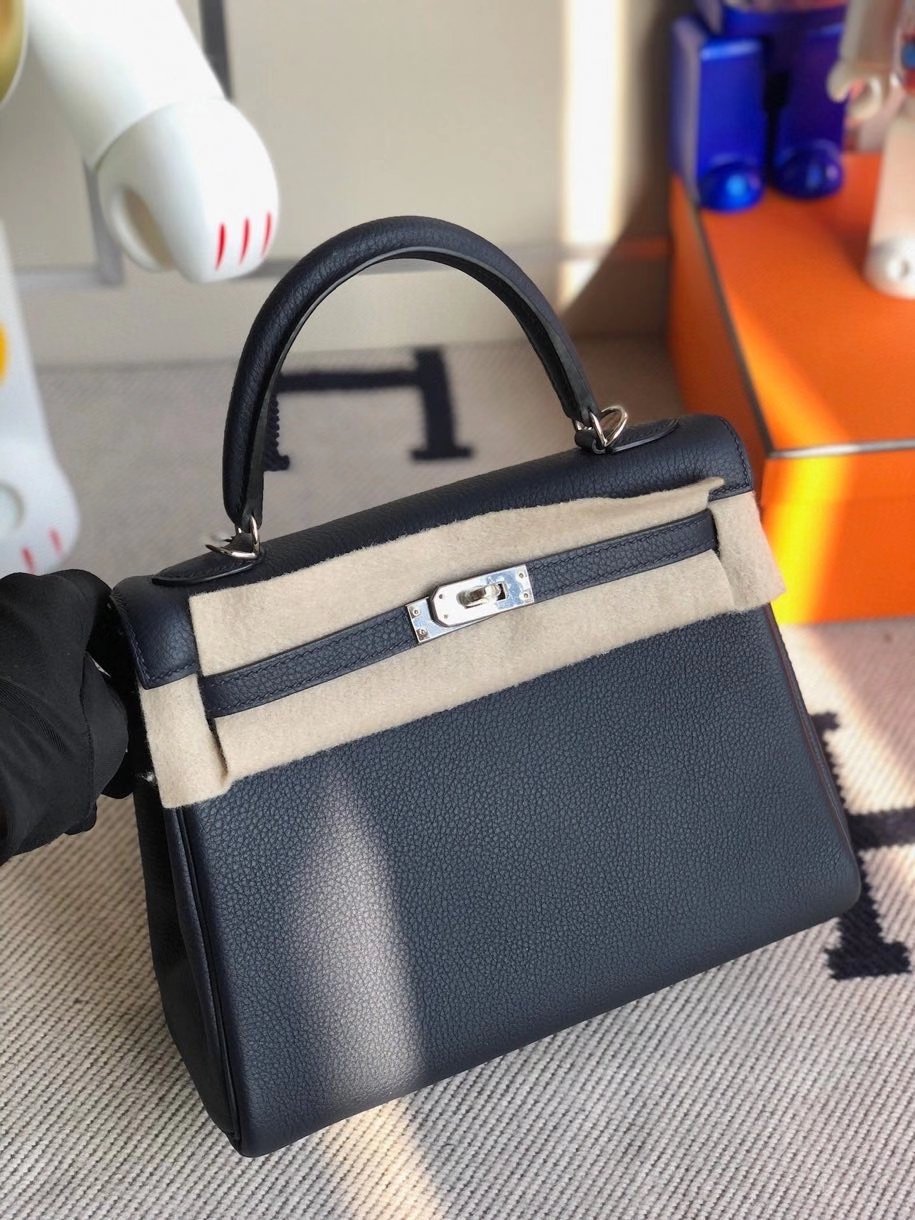Hermès（爱马仕）Kelly 25cm 原厂小牛皮togo 2Z 午夜蓝 银扣 Blue nuit  顶级手缝现货