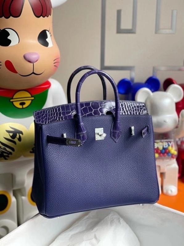 Hermès（爱马仕）Touch 系列 Birkin 25cm M3 墨水蓝拼墨水蓝鳄鱼 银扣 顶级手缝