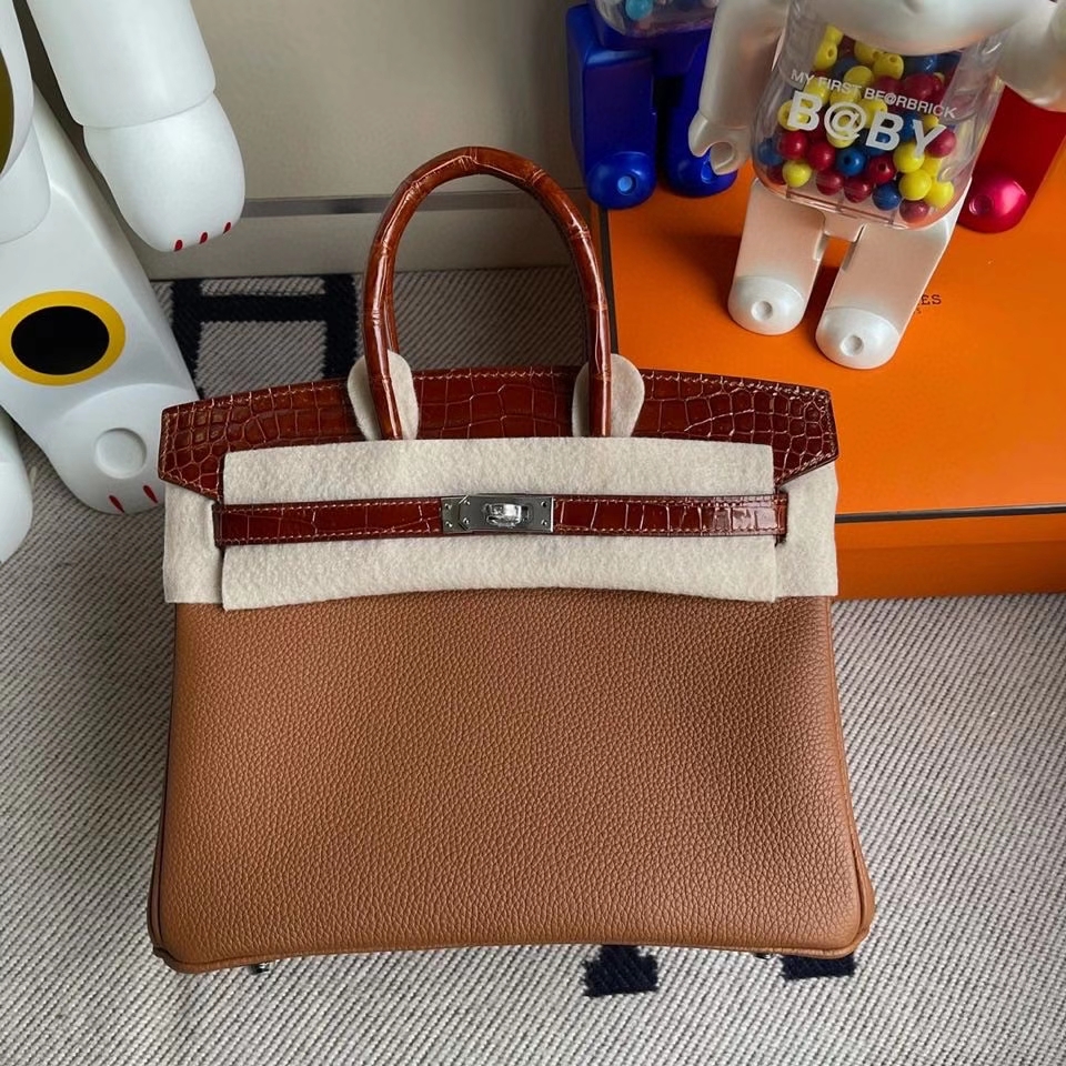 Hermès（爱马仕）Touch系列 Birkin 25cm ck37金棕色 gold 拼亮面鳄鱼蜜糖棕 银扣 顶级手缝  定制