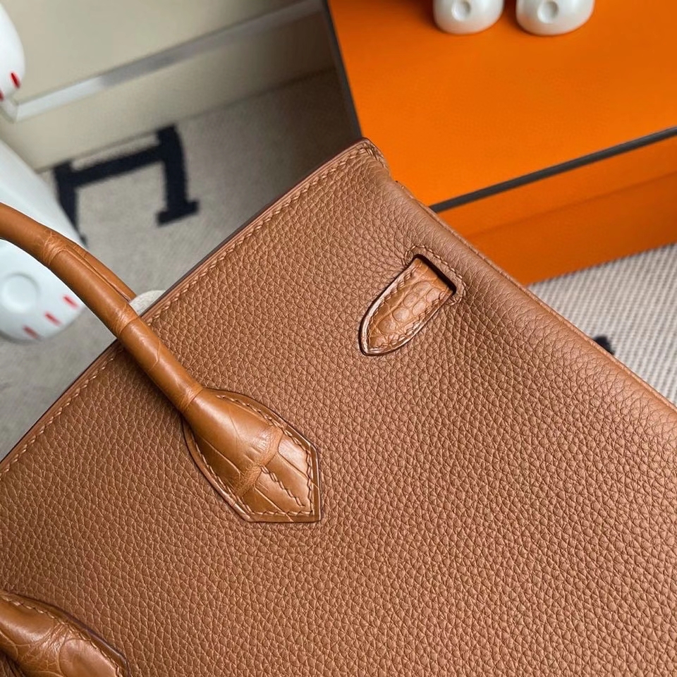 Hermès（爱马仕）Touch系列 Birkin 25cm ck37金棕色 gold 拼雾面方块鳄鱼棕色 银扣 顶级手缝  定制