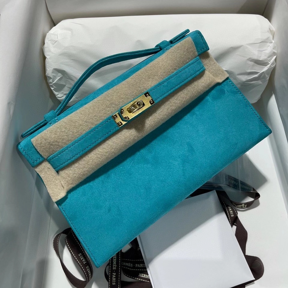 Hermès（爱马仕）mini kelly pochette 22cm 麂皮 孔雀蓝 金扣 顶级手缝 定制