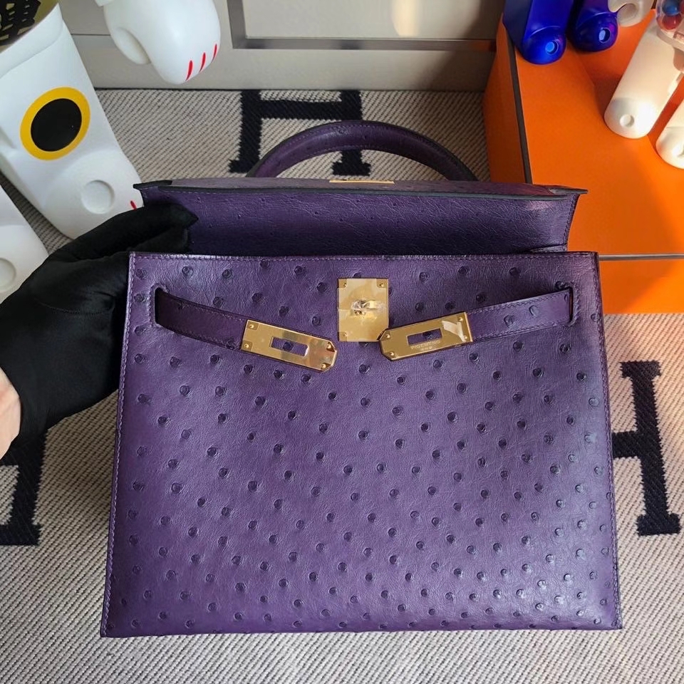 Hermès(爱马仕)Kelly 25cm Ostrich kk鸵鸟 葡萄紫 金扣 顶级手缝 现货-拉尔森鳄鱼皮具定制 - 爱马仕包包官网 Hermès(爱马仕)Kelly 25cm Ostrich kk鸵鸟 葡萄紫 金扣 顶级手缝 现货