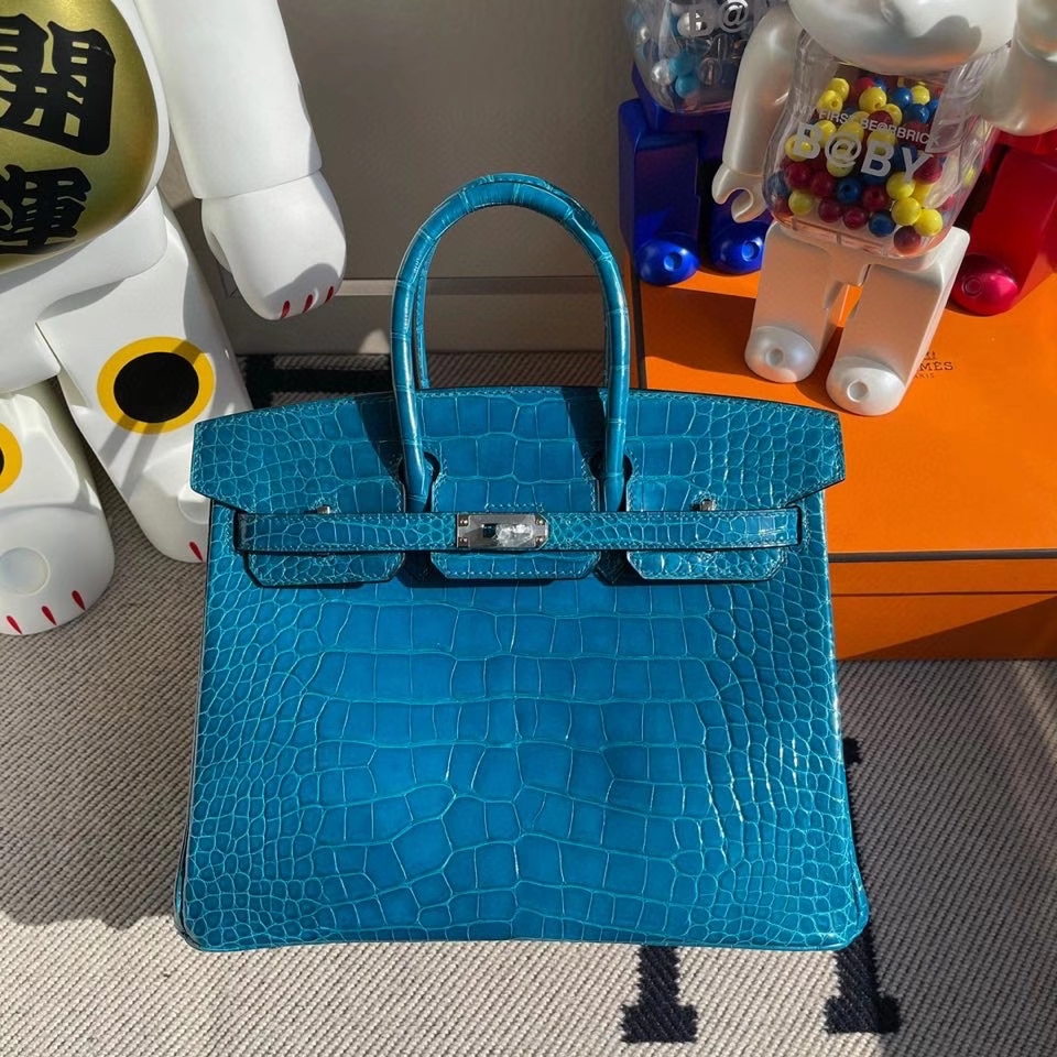 Hermès（爱马仕）Birkin 25cm Alligator shiny 亮面鳄鱼 7w 伊兹密尔蓝 金扣 银扣  顶级手缝 现货