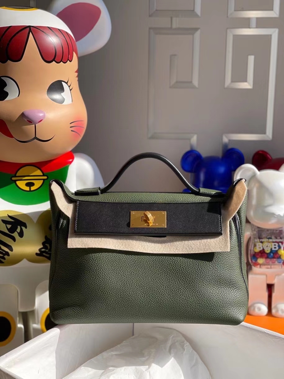 Hermès（爱马仕）2424 29cm 橄榄绿拼黑色 金扣 顶级手缝