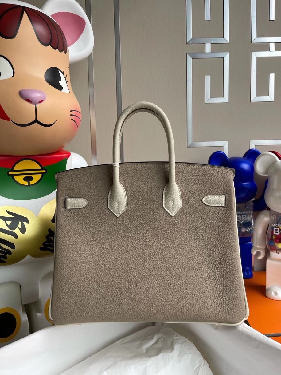 Hermès（爱马仕）Birkin 25cm 原厂小牛皮 togo ck81 斑鸠灰拼ck10 奶昔白 金扣 马蹄印 顶级手缝