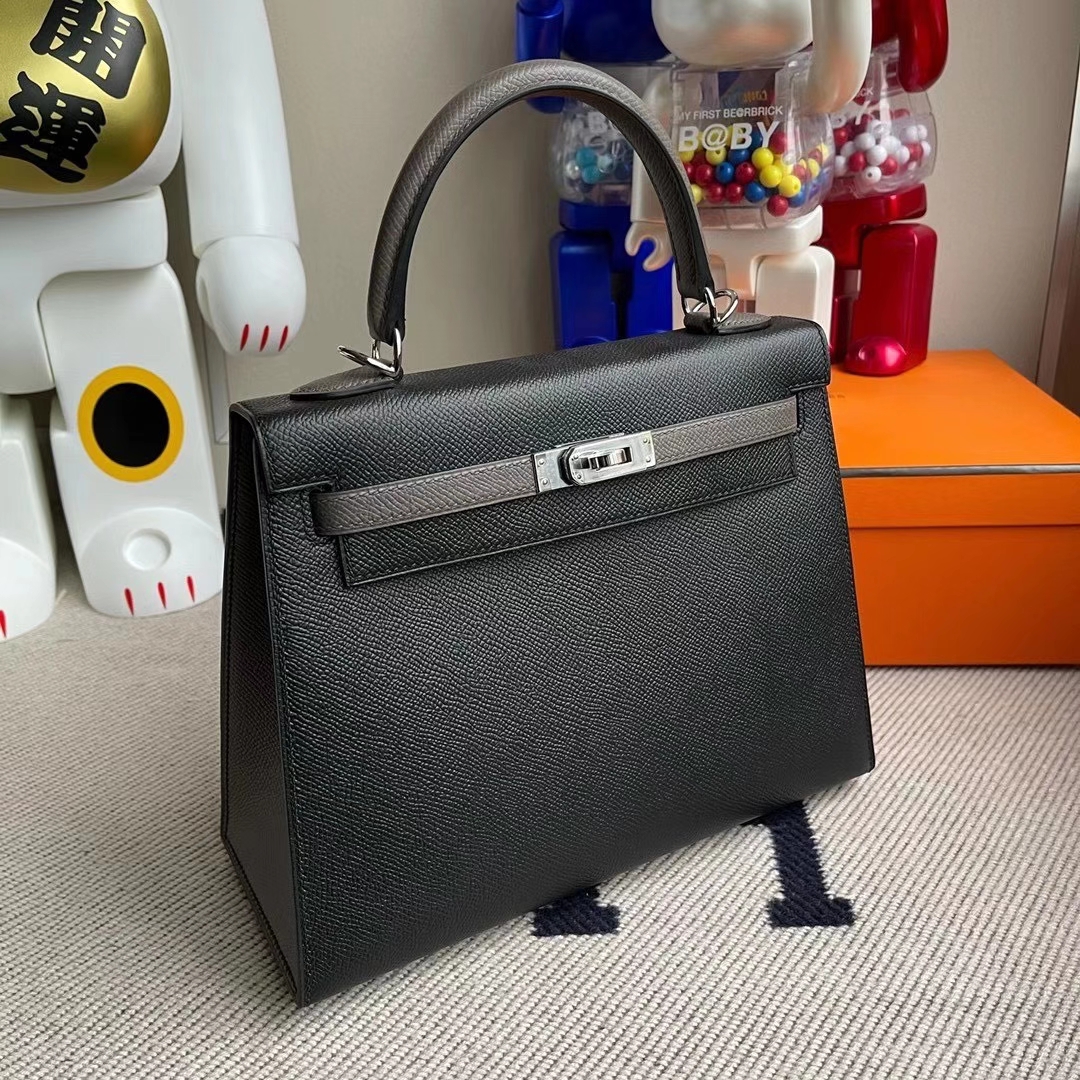 Hermès（爱马仕）Kelly 25cm Hss Epsom Ck89黑色8F锡器灰 顶级工艺 全手工缝制 银扣 现货