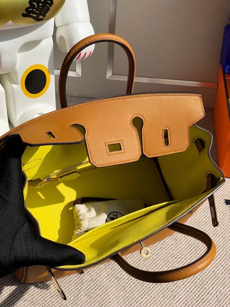 Hermès（爱马仕）Birkin 原厂swift 皮 2S 芝麻黄内拼柠檬黄 拉丝金扣 顶级手缝 25cm