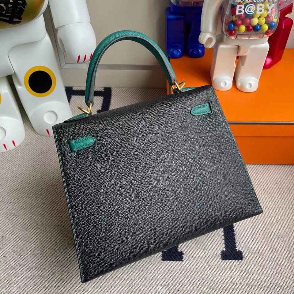 Hermès(爱马仕)kelly 25cm Epsom 原厂掌纹皮 ck89 黑色拼 z6 孔雀绿 拉丝金扣 马蹄印 现货-拉尔森鳄鱼皮具定制 - 爱马仕包包官网 Hermès(爱马仕)kelly 25cm Epsom 原厂掌纹皮 ck89 黑色拼 z6 孔雀绿 拉丝金扣 马蹄印 现货